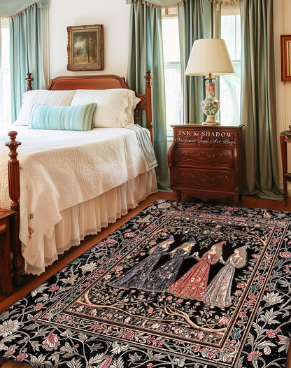 Enchanted Maidens Rustic Area Rug | Mystical Folklore Floral Gothic Art Nouveau Bedroom Rug Ethereal Coven Magic Dark Boho Aesthetic Decor