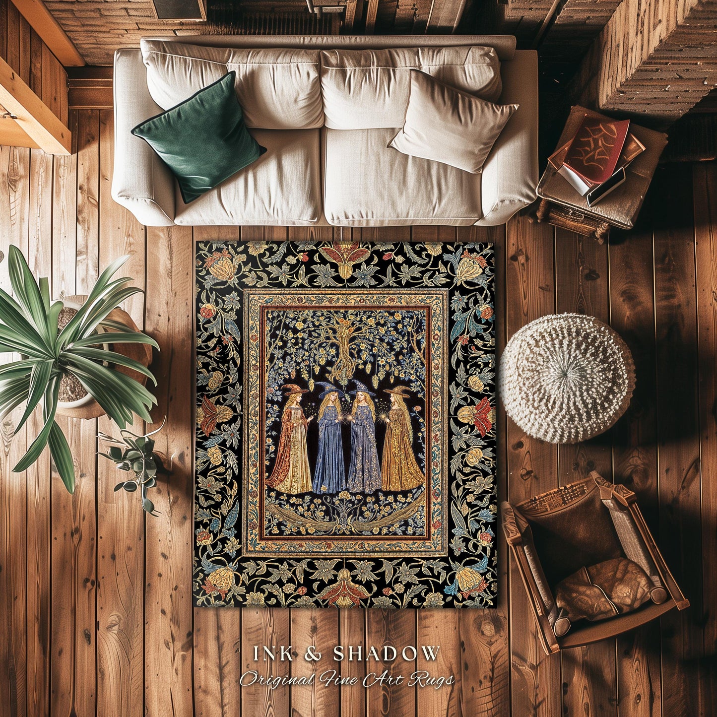 Celestial Witches Gothic Bedroom Rug | Dreamy Maiden Forest Enchantment Floral Magic Coven Witchy Area Rug Folk Tale Sisterhood Art Bohemian