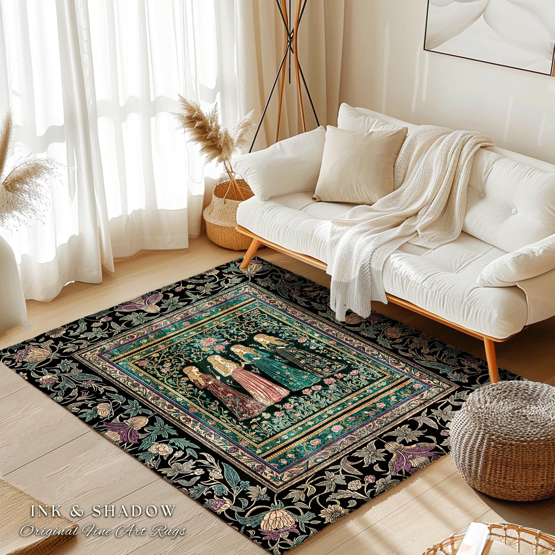 Victorian Witch Sisters Area Rug | Enchanted Folklore Gothic Floral Forest Rug Celestial Art Nouveau Magic Aesthetic Whimsical Home Accent |