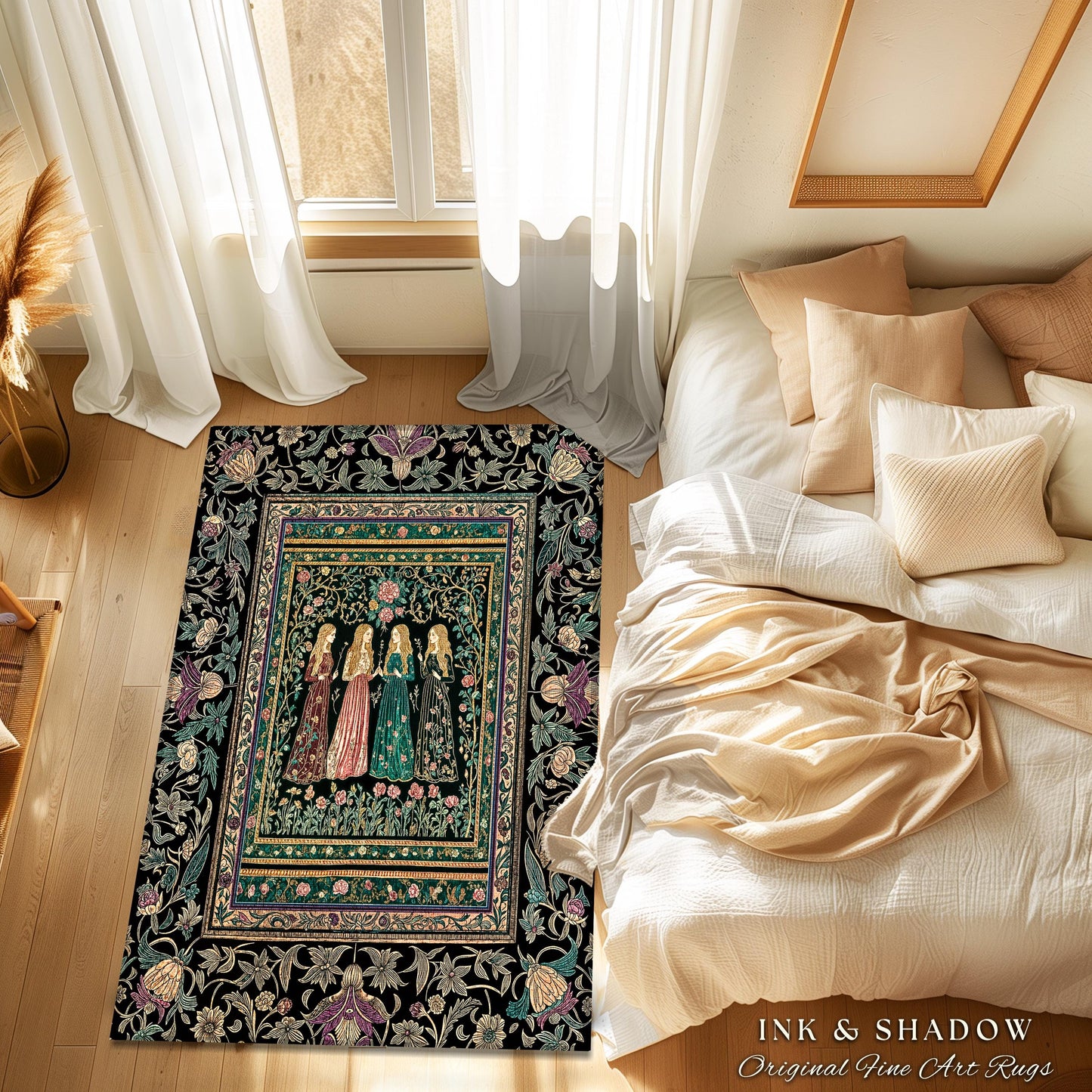 Victorian Witch Sisters Area Rug | Enchanted Folklore Gothic Floral Forest Rug Celestial Art Nouveau Magic Aesthetic Whimsical Home Accent |