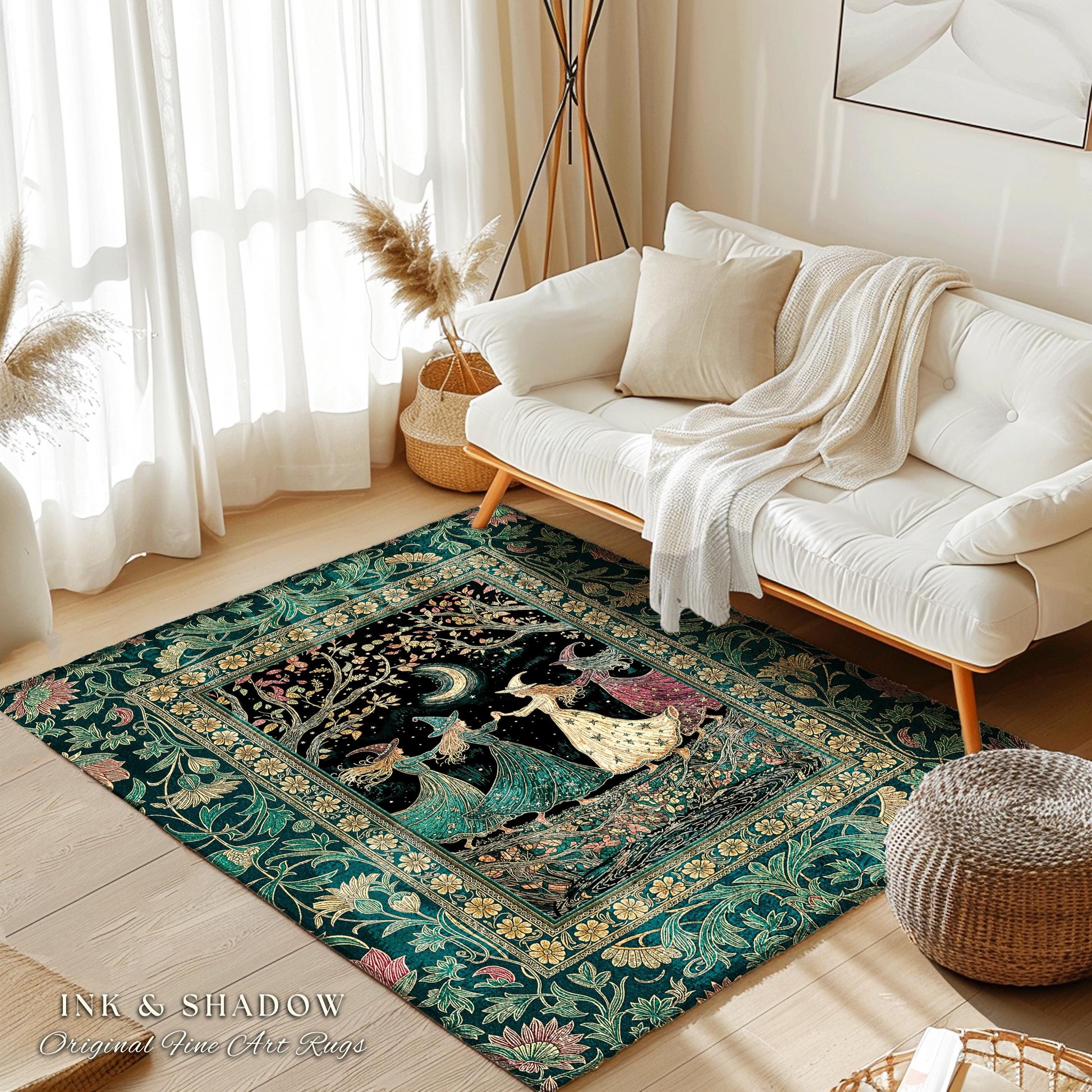 Whimsical Witch Sisterhood Accent Rug | Dreamy Dark Witchy Coven Forest Baroque Floral Gothic Decor Mystic Boho Sorceress Woodland Area Rug