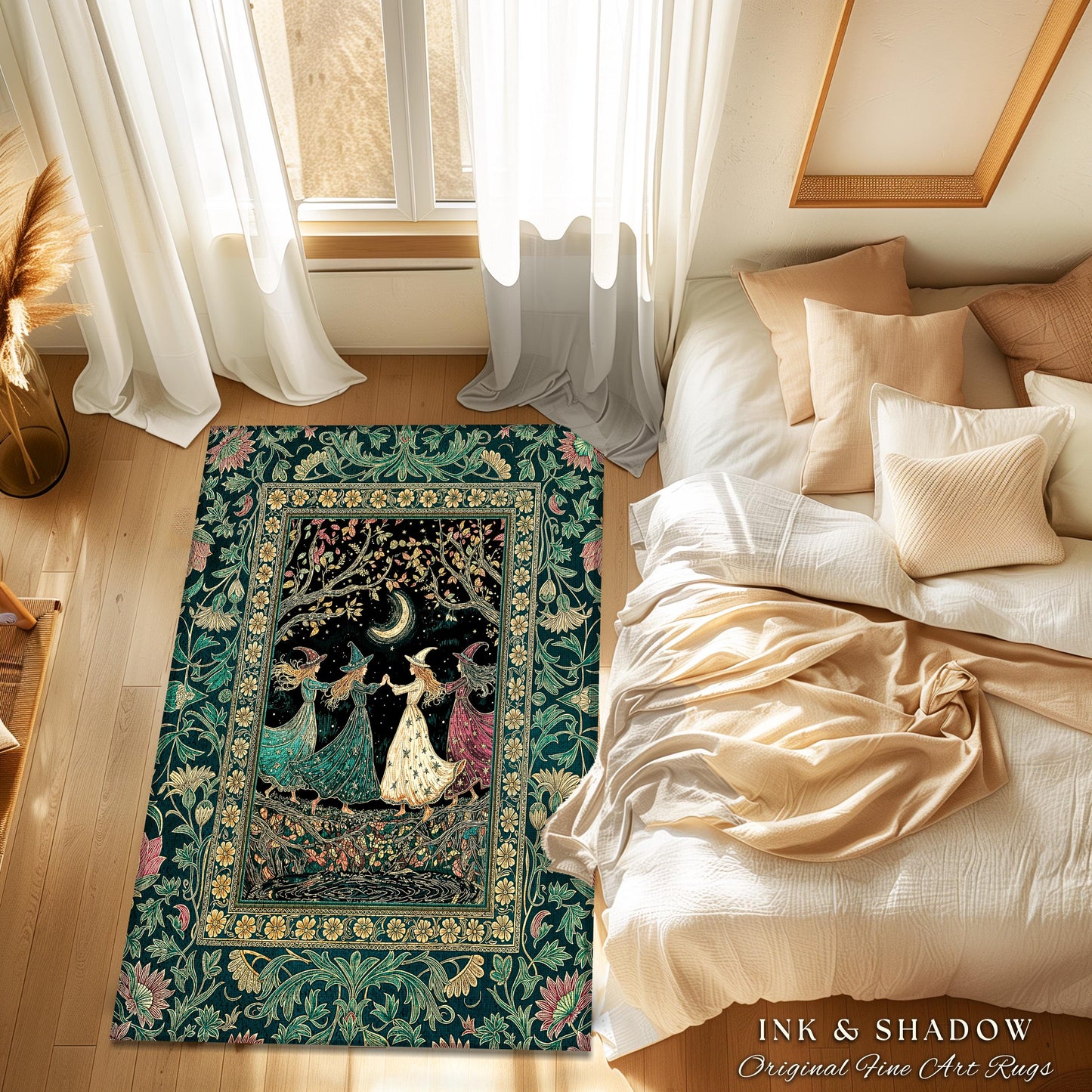 Whimsical Witch Sisterhood Accent Rug | Dreamy Dark Witchy Coven Forest Baroque Floral Gothic Decor Mystic Boho Sorceress Woodland Area Rug