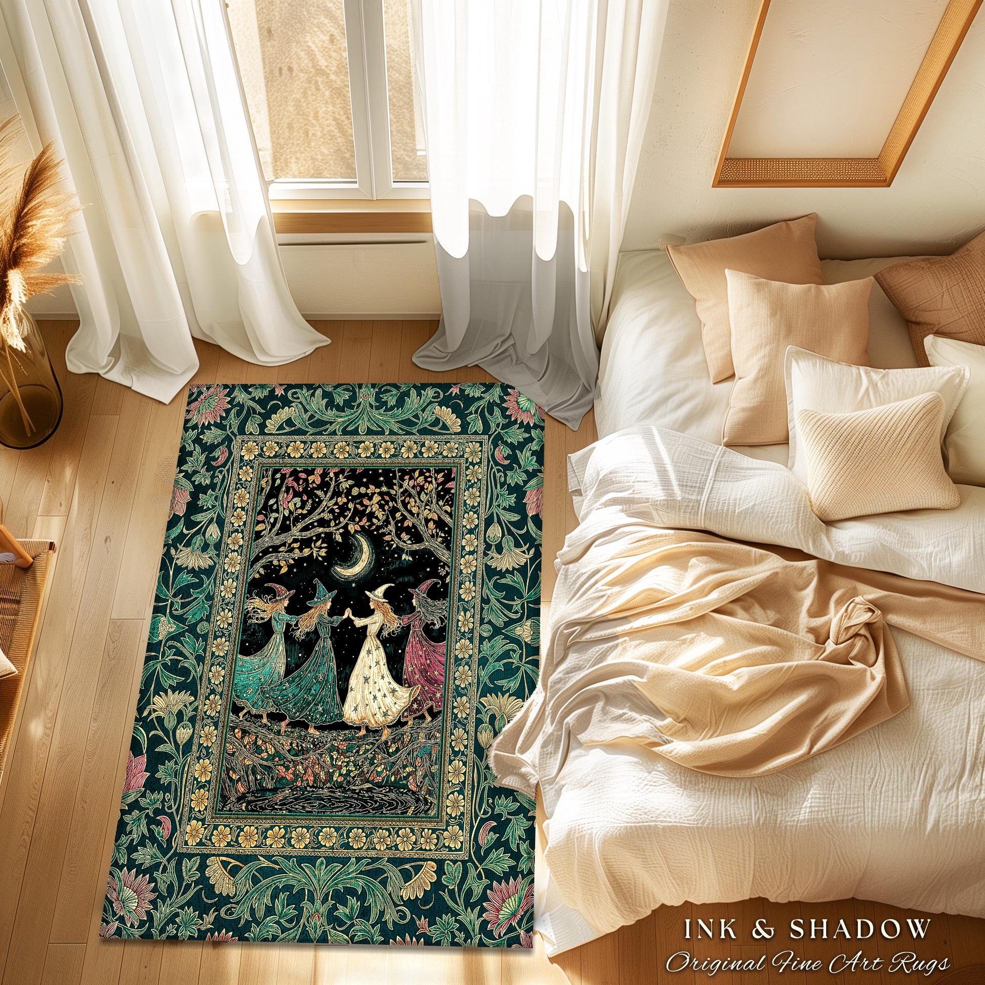 Whimsical Witch Sisterhood Accent Rug | Dreamy Dark Witchy Coven Forest Baroque Floral Gothic Decor Mystic Boho Sorceress Woodland Area Rug