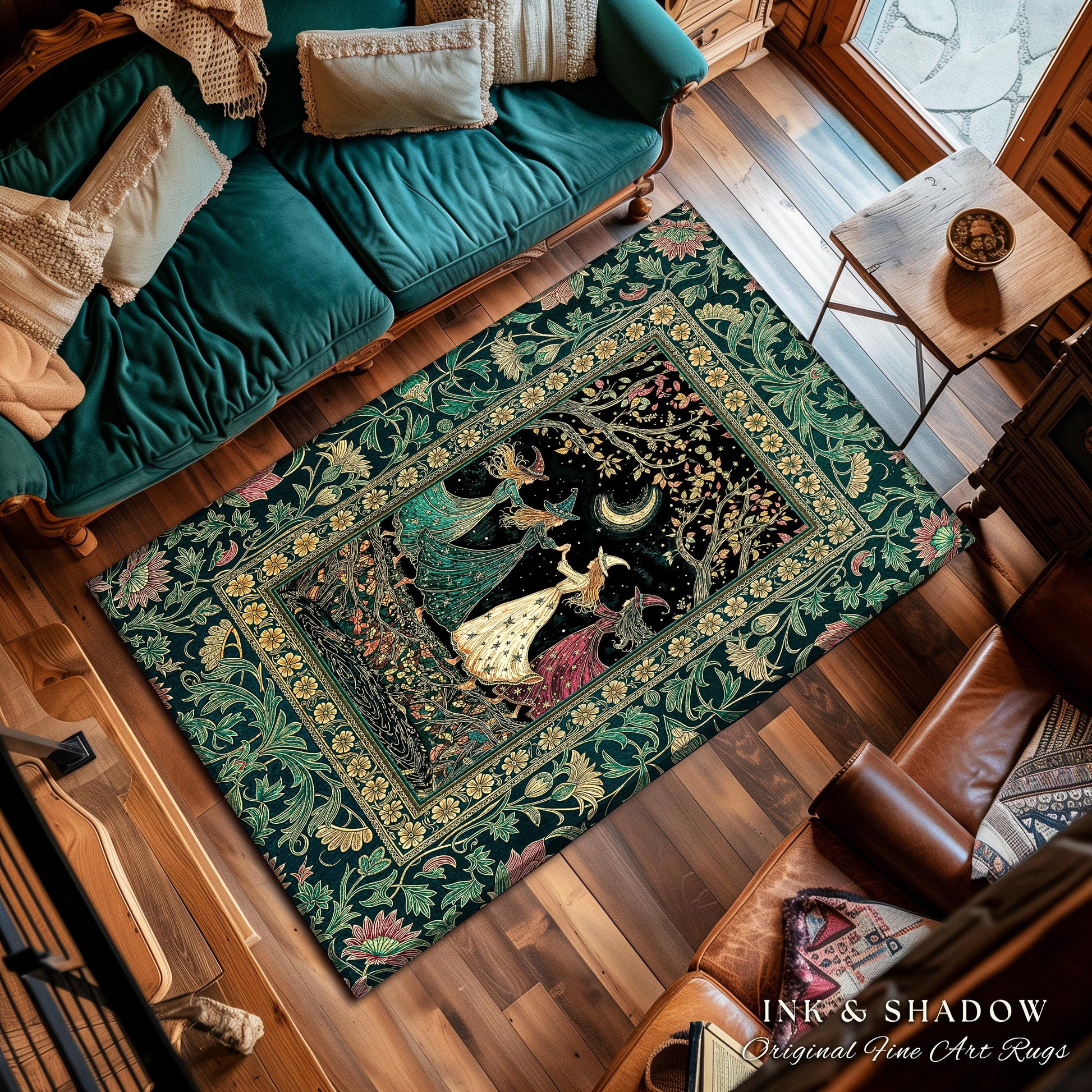 Whimsical Witch Sisterhood Accent Rug | Dreamy Dark Witchy Coven Forest Baroque Floral Gothic Decor Mystic Boho Sorceress Woodland Area Rug