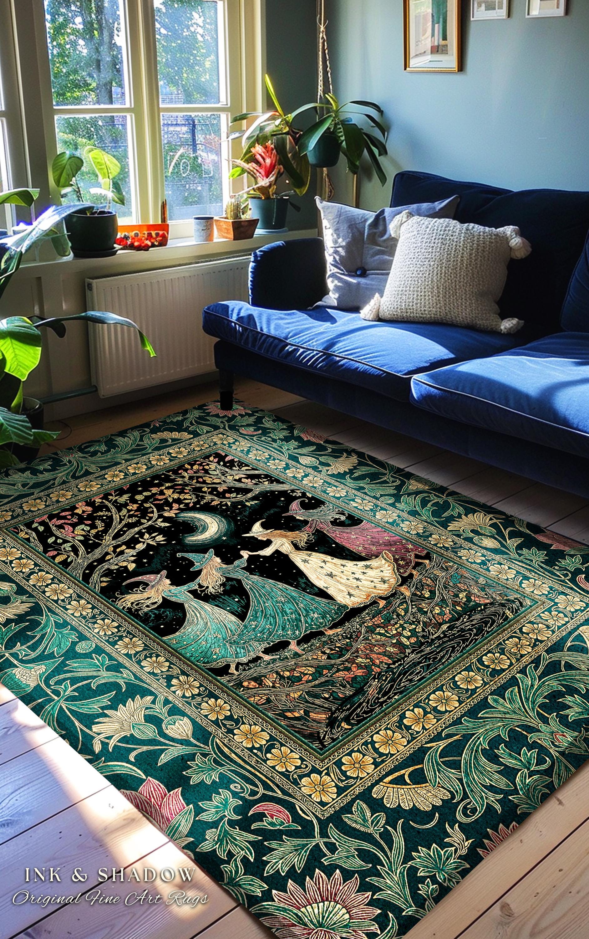 Whimsical Witch Sisterhood Accent Rug | Dreamy Dark Witchy Coven Forest Baroque Floral Gothic Decor Mystic Boho Sorceress Woodland Area Rug