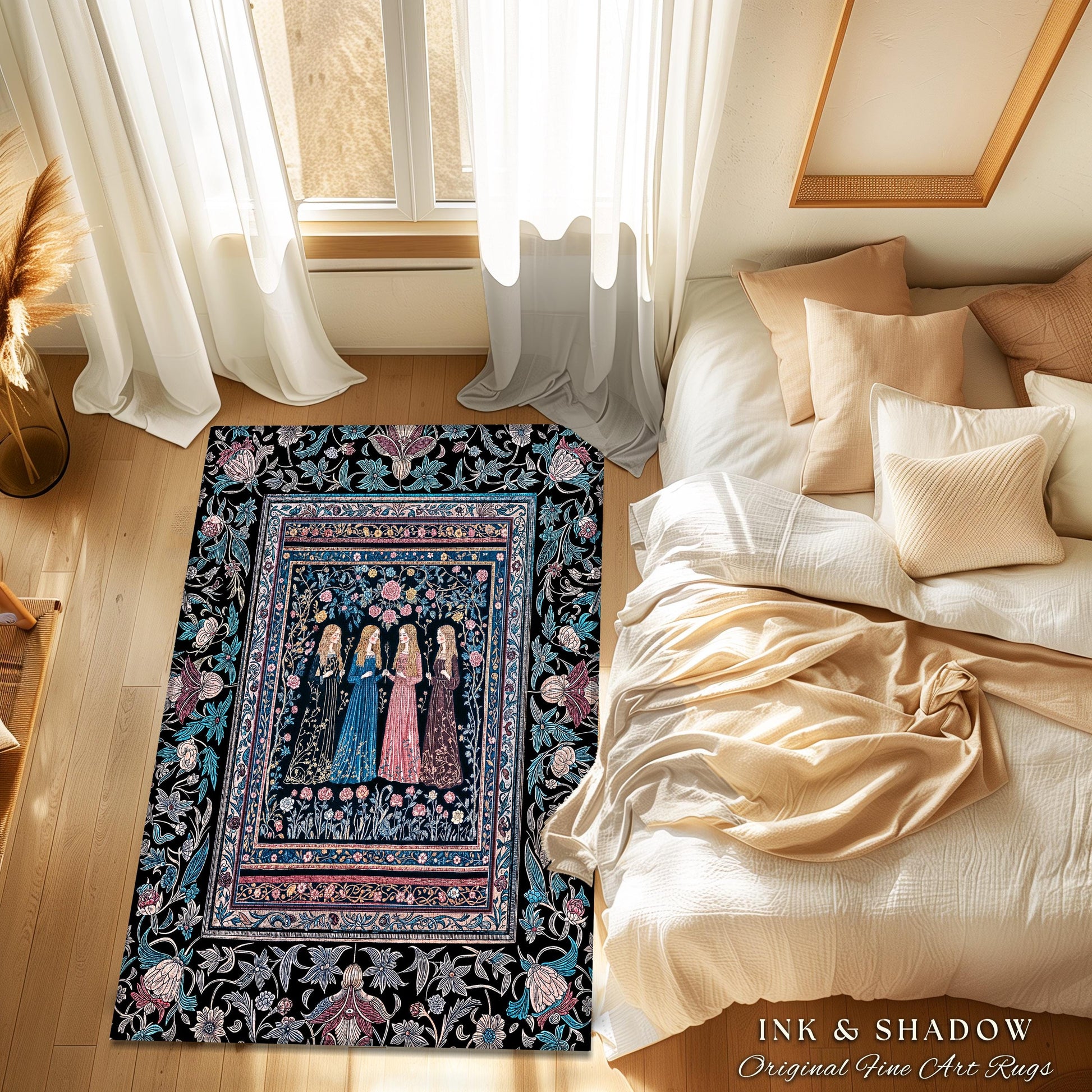 Victorian Gothic Maiden Witches Rug | Arcane Witchcraft Celestial Baroque Ethereal Folklore Aesthetic Bedroom Romantic Floral Style Accent |