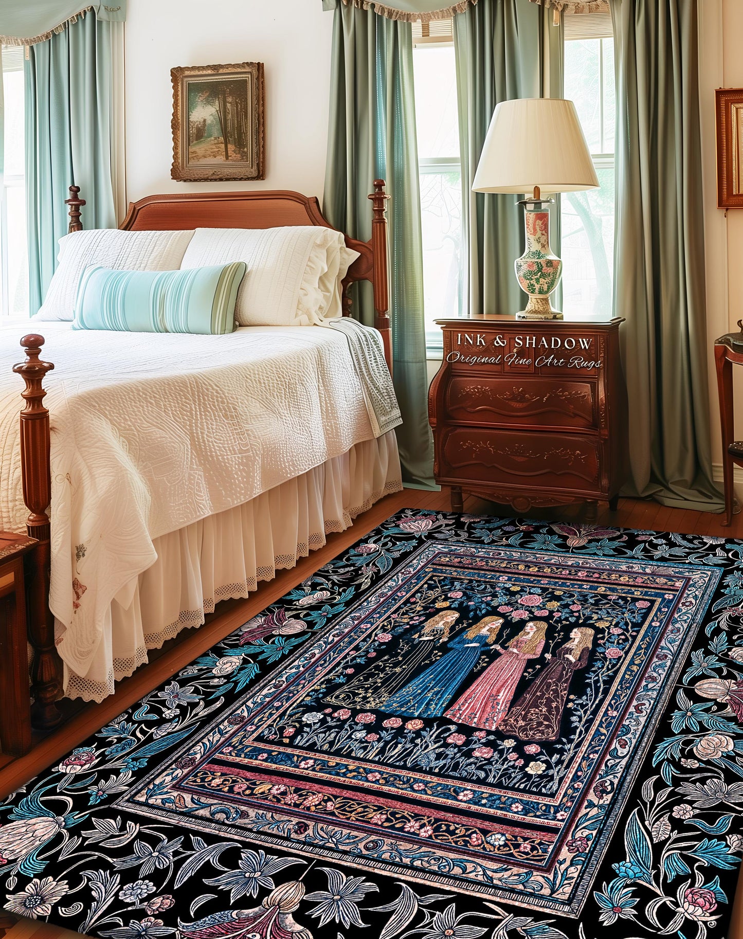 Victorian Gothic Maiden Witches Rug | Arcane Witchcraft Celestial Baroque Ethereal Folklore Aesthetic Bedroom Romantic Floral Style Accent |