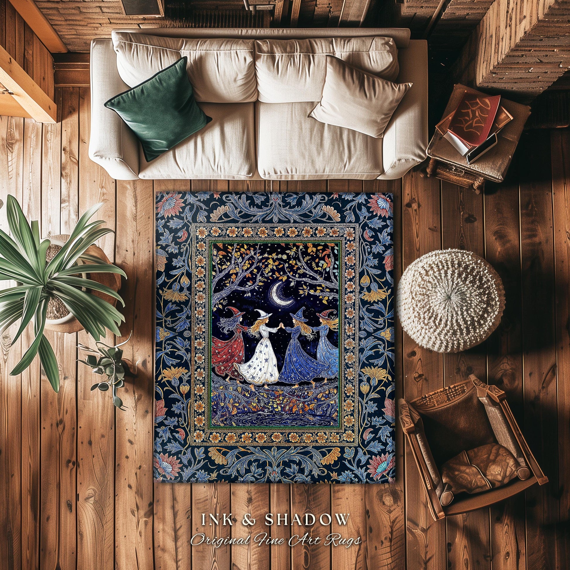 Moonlit Magic Witches Area Rug | Medieval Fairytale Floral Enchanted Witchcore Baroque Dark Folk Art Home Decor Occult Boho Bedroom Accent |