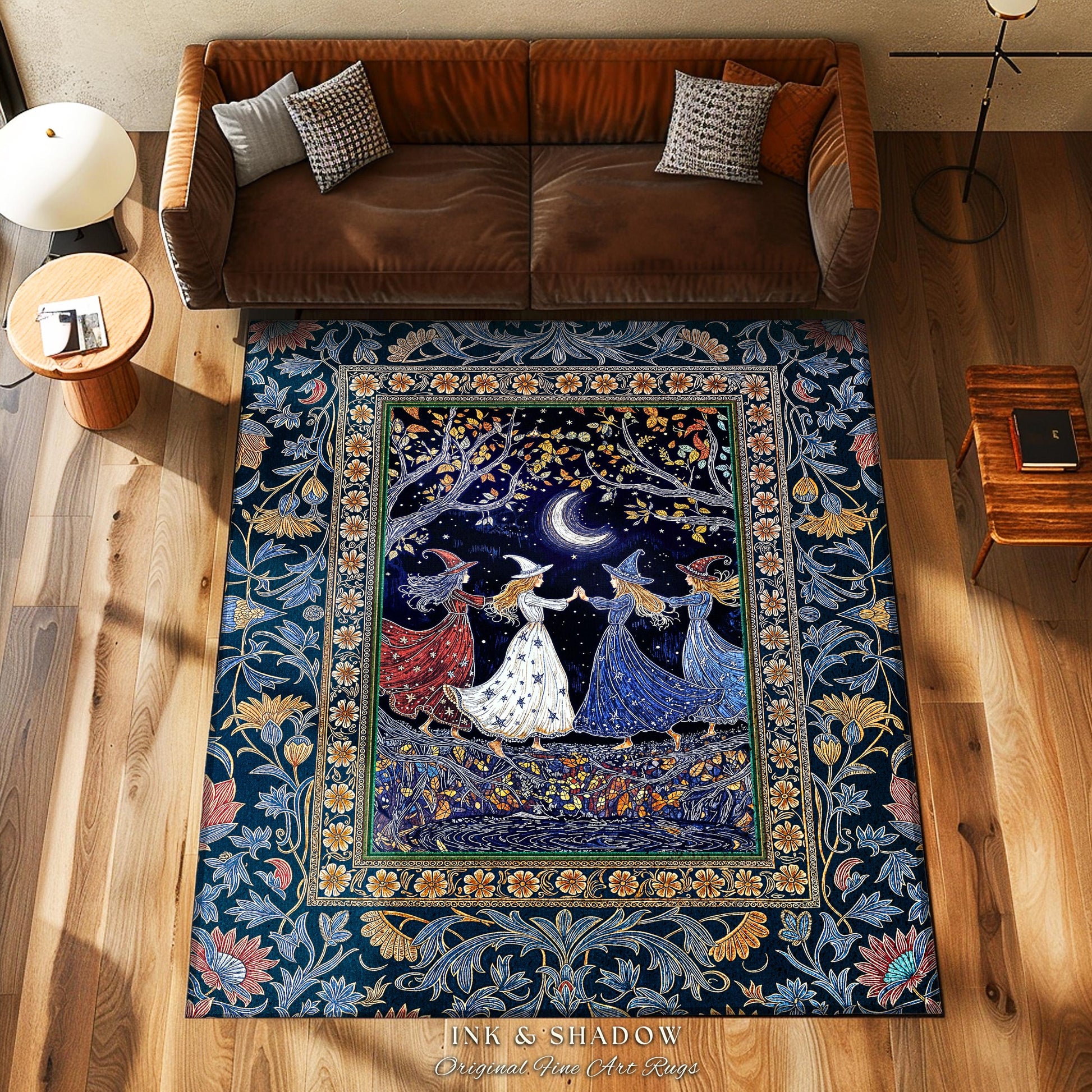 Moonlit Magic Witches Area Rug | Medieval Fairytale Floral Enchanted Witchcore Baroque Dark Folk Art Home Decor Occult Boho Bedroom Accent |