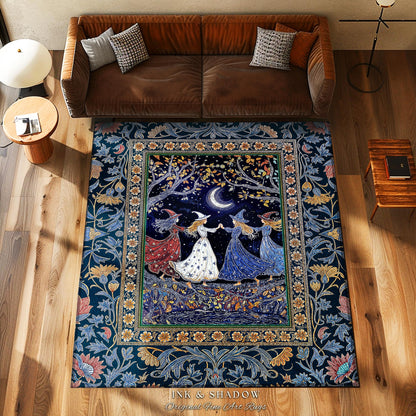 Moonlit Magic Witches Area Rug | Medieval Fairytale Floral Enchanted Witchcore Baroque Dark Folk Art Home Decor Occult Boho Bedroom Accent |
