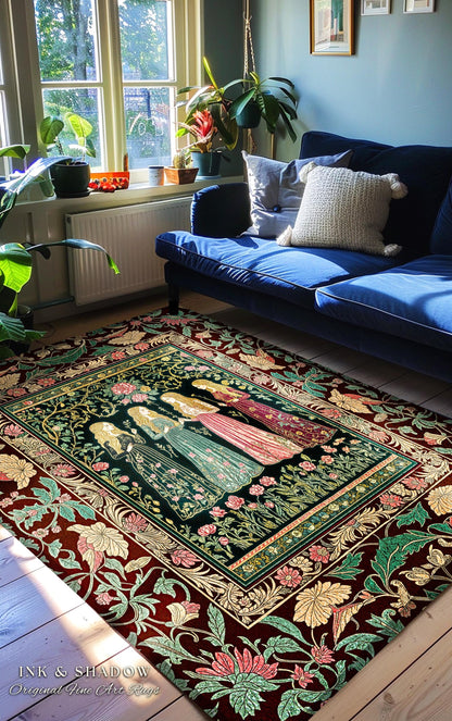 Renaissance Witch Coven Area Rug | Whimsical Folklore Enchanted Floral Bedroom Accent Spellbound Gothic Art Mystic Academia Fairytale Decor