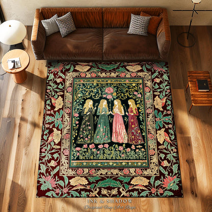 Renaissance Witch Coven Area Rug | Whimsical Folklore Enchanted Floral Bedroom Accent Spellbound Gothic Art Mystic Academia Fairytale Decor