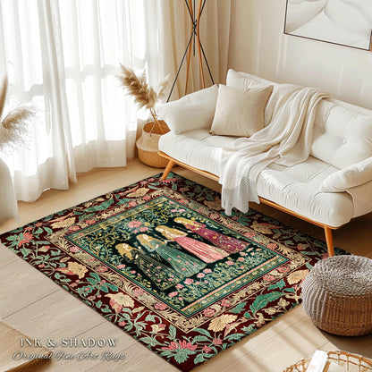Renaissance Witch Coven Area Rug | Whimsical Folklore Enchanted Floral Bedroom Accent Spellbound Gothic Art Mystic Academia Fairytale Decor