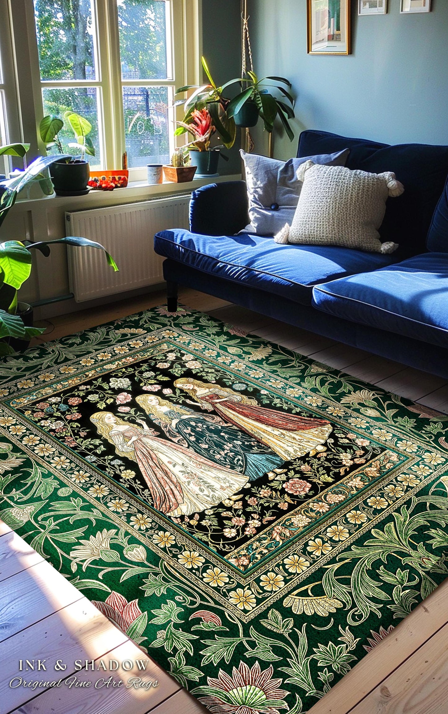 Coven Sisterhood Mystic Area Rug | Witchcore Medieval Folklore Enchanted Botanical Bedroom Accent Celestial Folklore Wiccan Aesthetic Decor