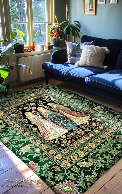 Coven Sisterhood Mystic Area Rug | Witchcore Medieval Folklore Enchanted Botanical Bedroom Accent Celestial Folklore Wiccan Aesthetic Decor