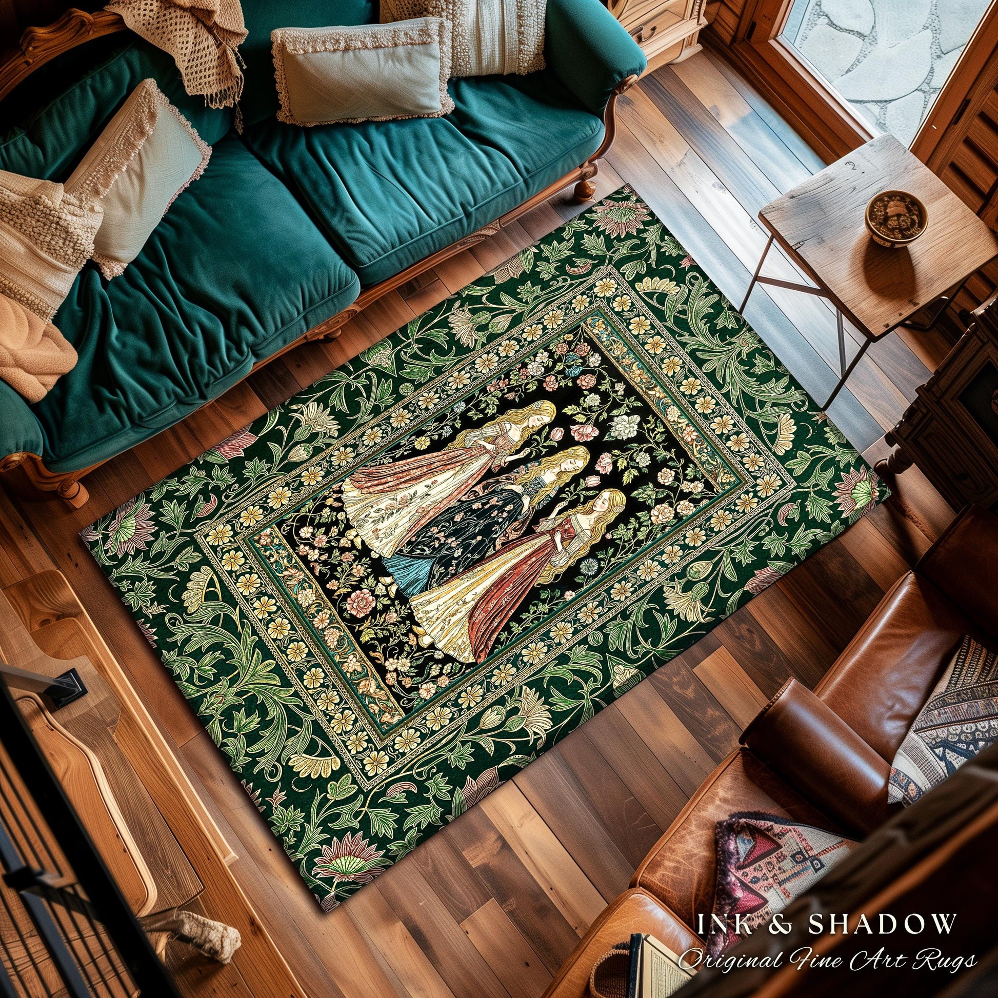 Coven Sisterhood Mystic Area Rug | Witchcore Medieval Folklore Enchanted Botanical Bedroom Accent Celestial Folklore Wiccan Aesthetic Decor