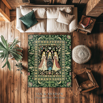 Coven Sisterhood Mystic Area Rug | Witchcore Medieval Folklore Enchanted Botanical Bedroom Accent Celestial Folklore Wiccan Aesthetic Decor