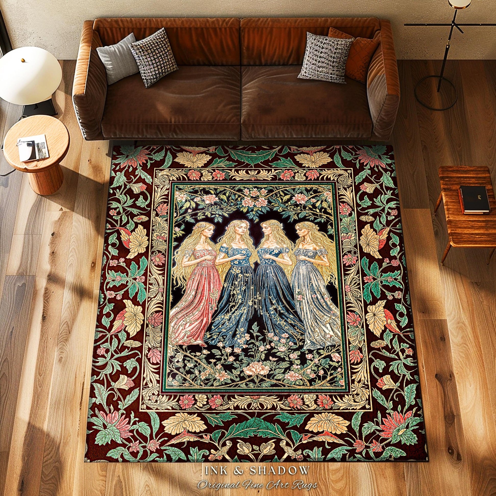 Magic Maidens Medieval Area Rug | Dark Fairytale Witches Floral Forest Floor Vedroom Accent Ethereal Renaissance Gothic Art Decor Fairycore
