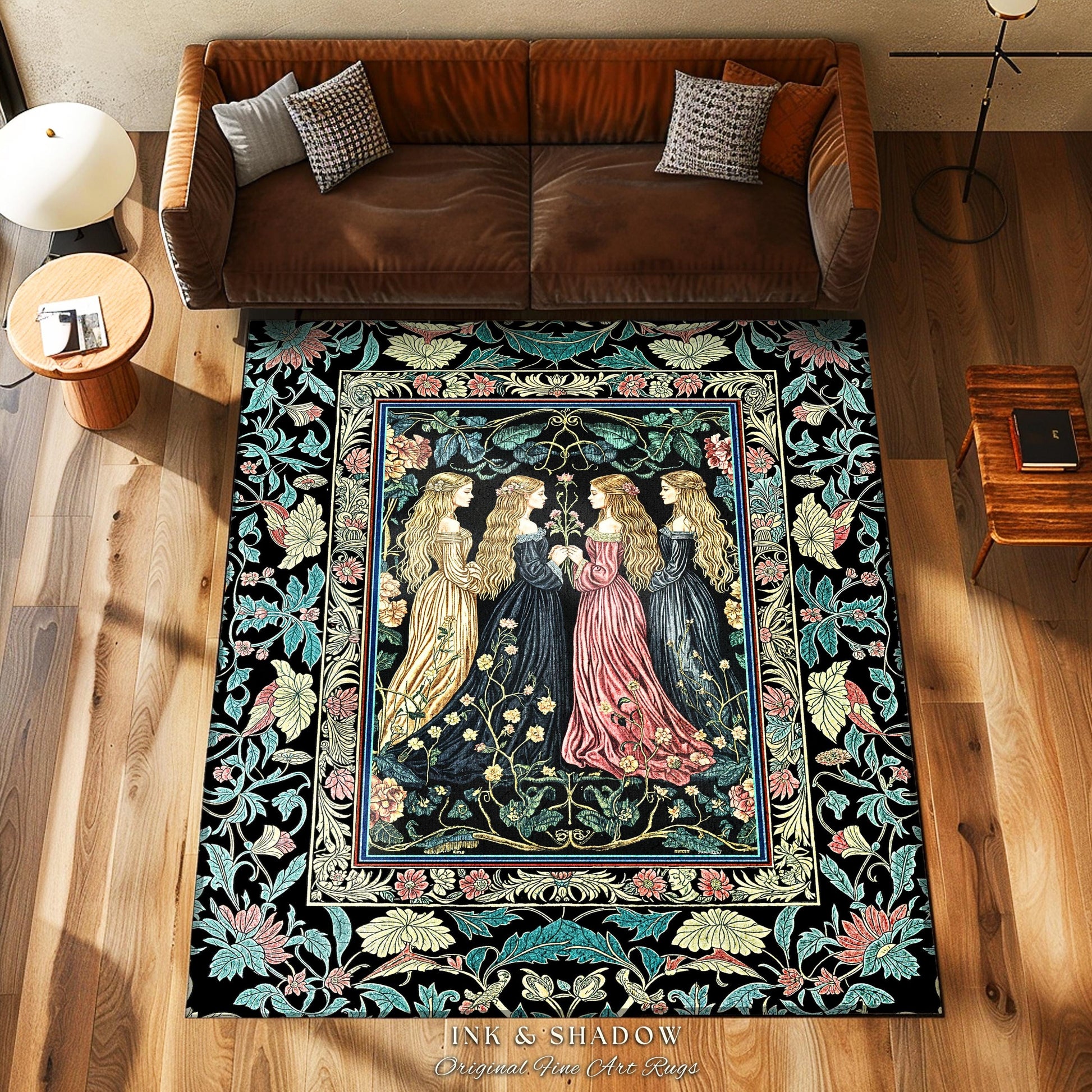 Wiccan Botanical Style Accent Rug | Medieval Celestial Dark Cottagecore Folklore Sisterhood Magic Witchy Bedroom Enchanted Boho Aesthetic |