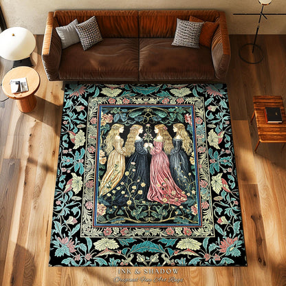 Wiccan Botanical Style Accent Rug | Medieval Celestial Dark Cottagecore Folklore Sisterhood Magic Witchy Bedroom Enchanted Boho Aesthetic |