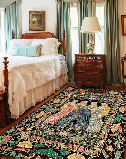 Magic Maidens Medieval Area Rug | Dark Fairytale Witches Floral Forest Floor Vedroom Accent Ethereal Renaissance Gothic Art Decor Fairycore