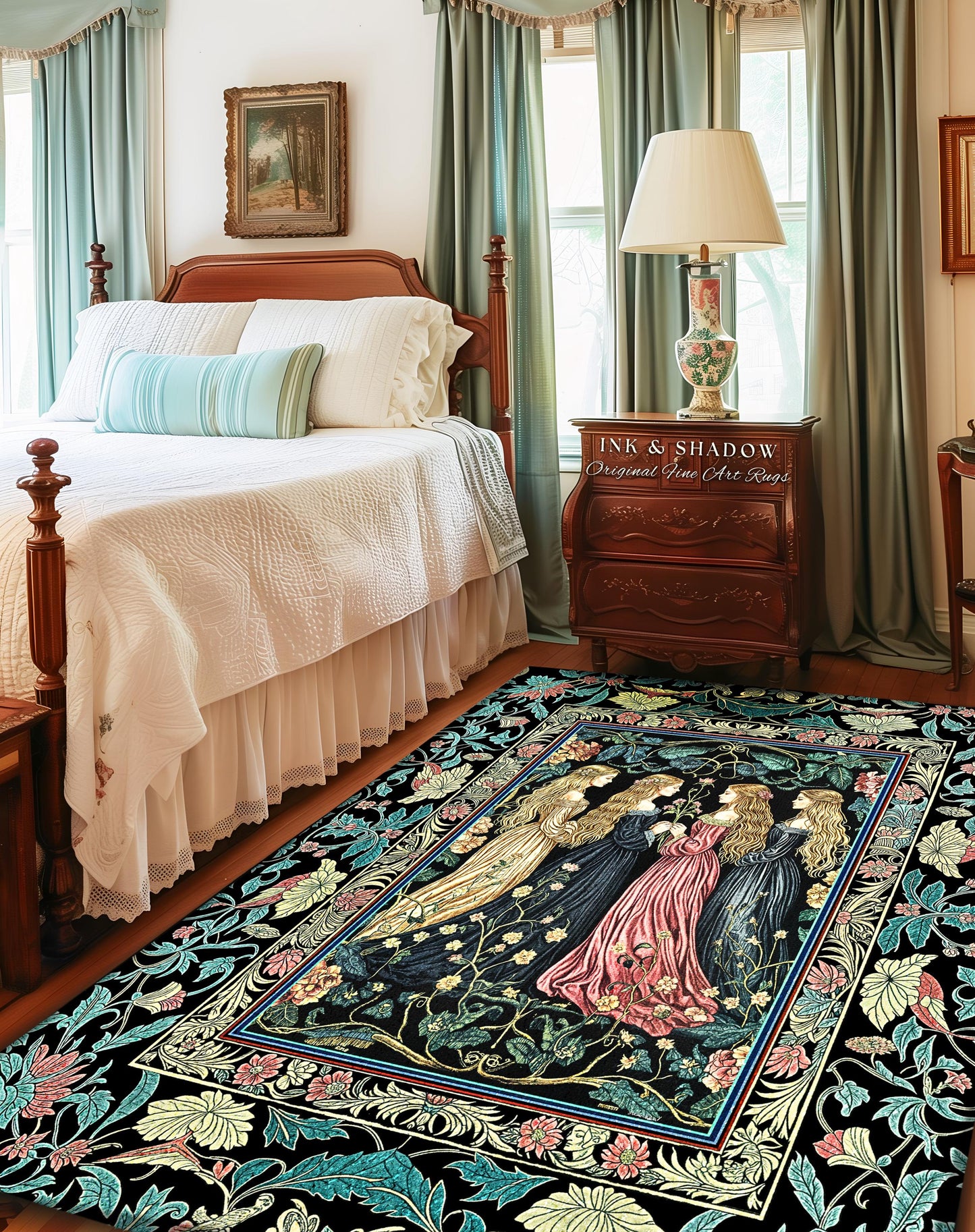 Wiccan Botanical Style Accent Rug | Medieval Celestial Dark Cottagecore Folklore Sisterhood Magic Witchy Bedroom Enchanted Boho Aesthetic |
