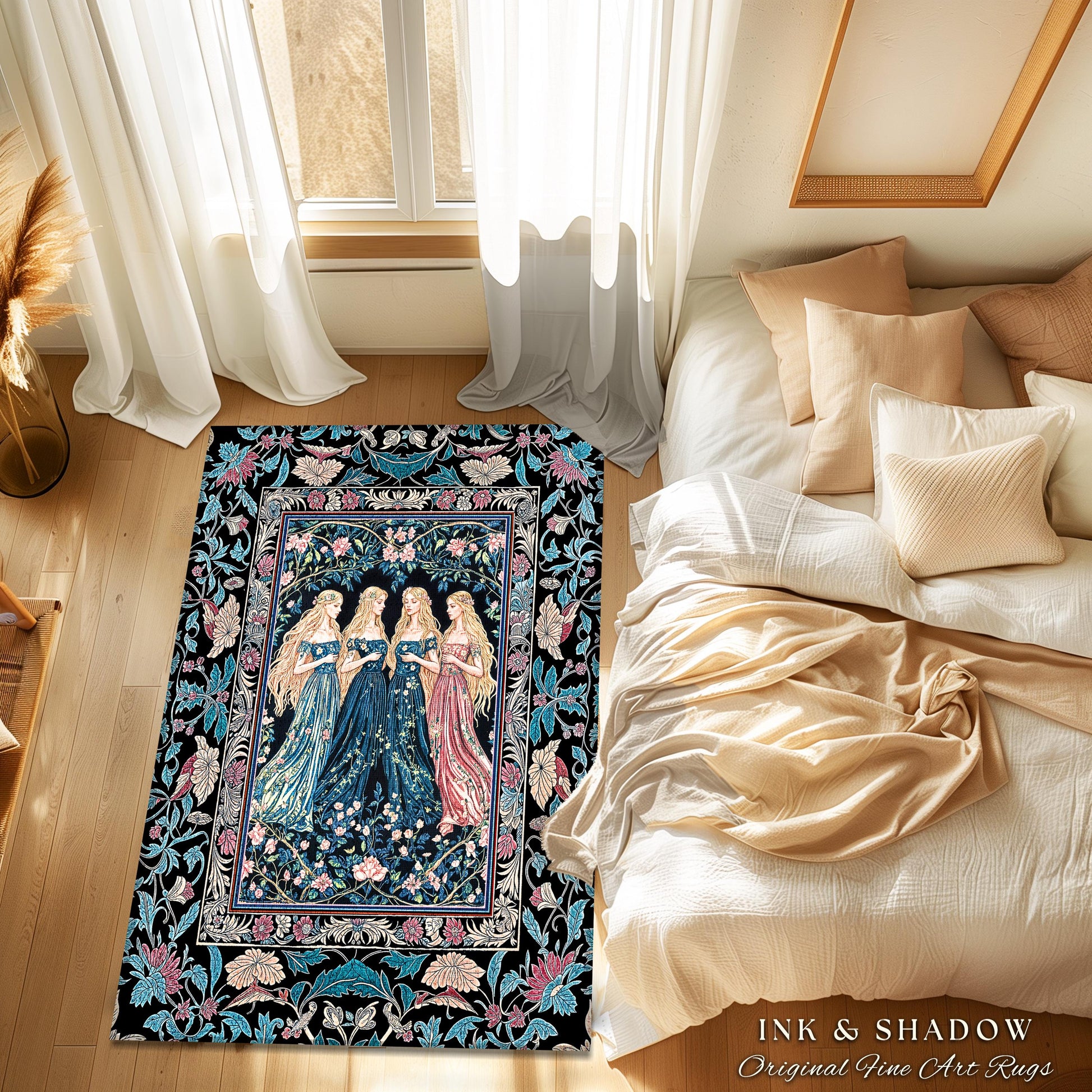 Rustic Medieval Fairycore Witch Bedroom Rug | Celestial Sorceress Gothic Elegance Altar Rug Pastel Botanical Accent Folklore Aesthetic Style