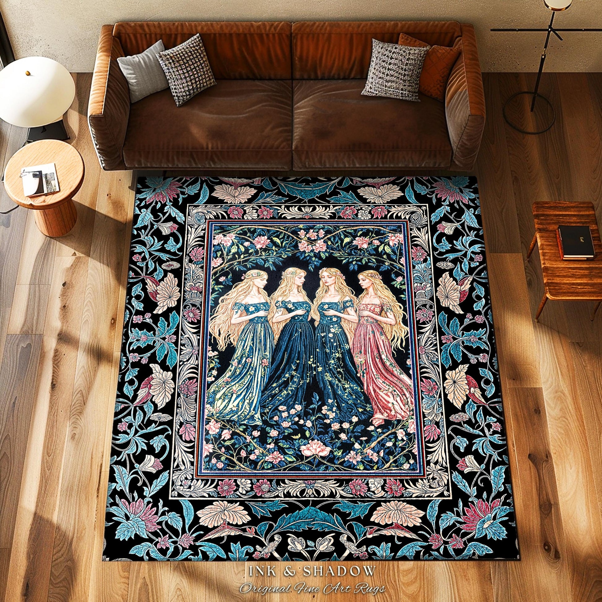 Rustic Medieval Fairycore Witch Bedroom Rug | Celestial Sorceress Gothic Elegance Altar Rug Pastel Botanical Accent Folklore Aesthetic Style