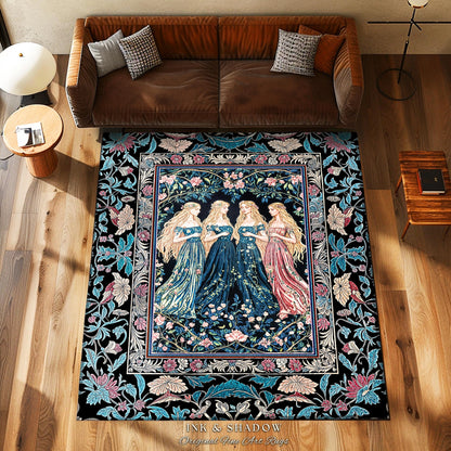 Rustic Medieval Fairycore Witch Bedroom Rug | Celestial Sorceress Gothic Elegance Altar Rug Pastel Botanical Accent Folklore Aesthetic Style