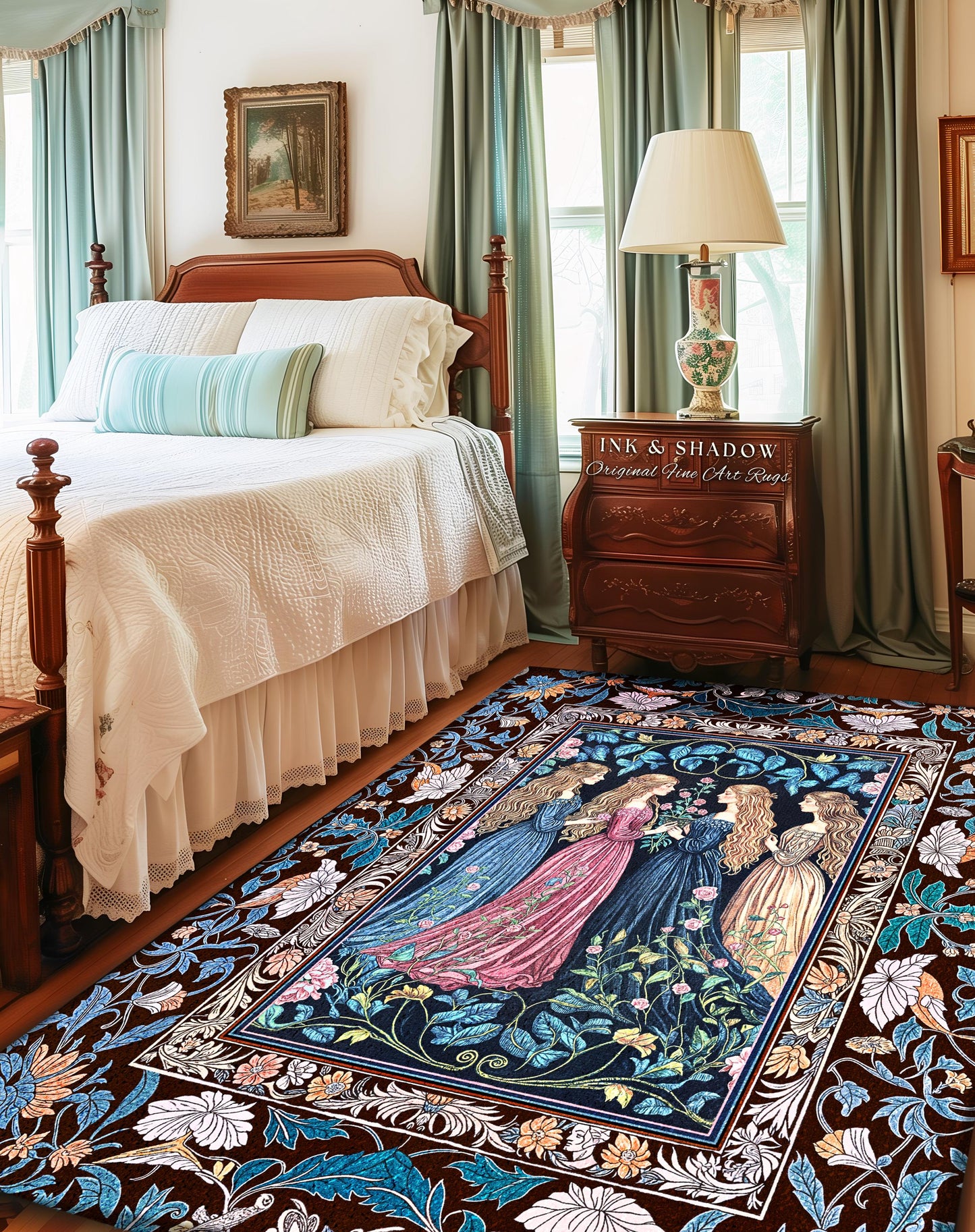Sorceress Sisters Magic Aesthetic Rug | Lunar Garden Witch Bedroom Accent Fairytale Storybook Renaissance Woodland Sorcery Pastel Witches |