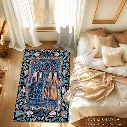 Enchanted Sisterhood Folklore Area Rug | Moody Bedroom Dark Enchantment Witchy Bedroom Accent Rug Mythical Aesthetic Folk Art Dreamy Decor |