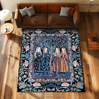 Enchanted Sisterhood Folklore Area Rug | Moody Bedroom Dark Enchantment Witchy Bedroom Accent Rug Mythical Aesthetic Folk Art Dreamy Decor |