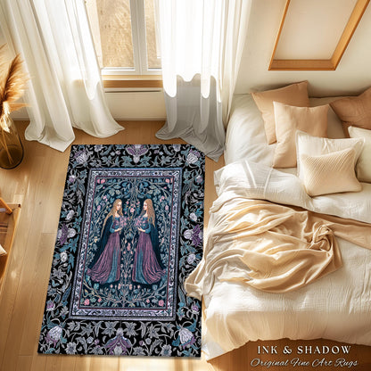 Witchy Sisters Arcane Forest Area Rug | Celestial Witchcraft Baroque Folklore Bedroom Accent Fairytale Gothic Storybook Aesthetic Moody Goth