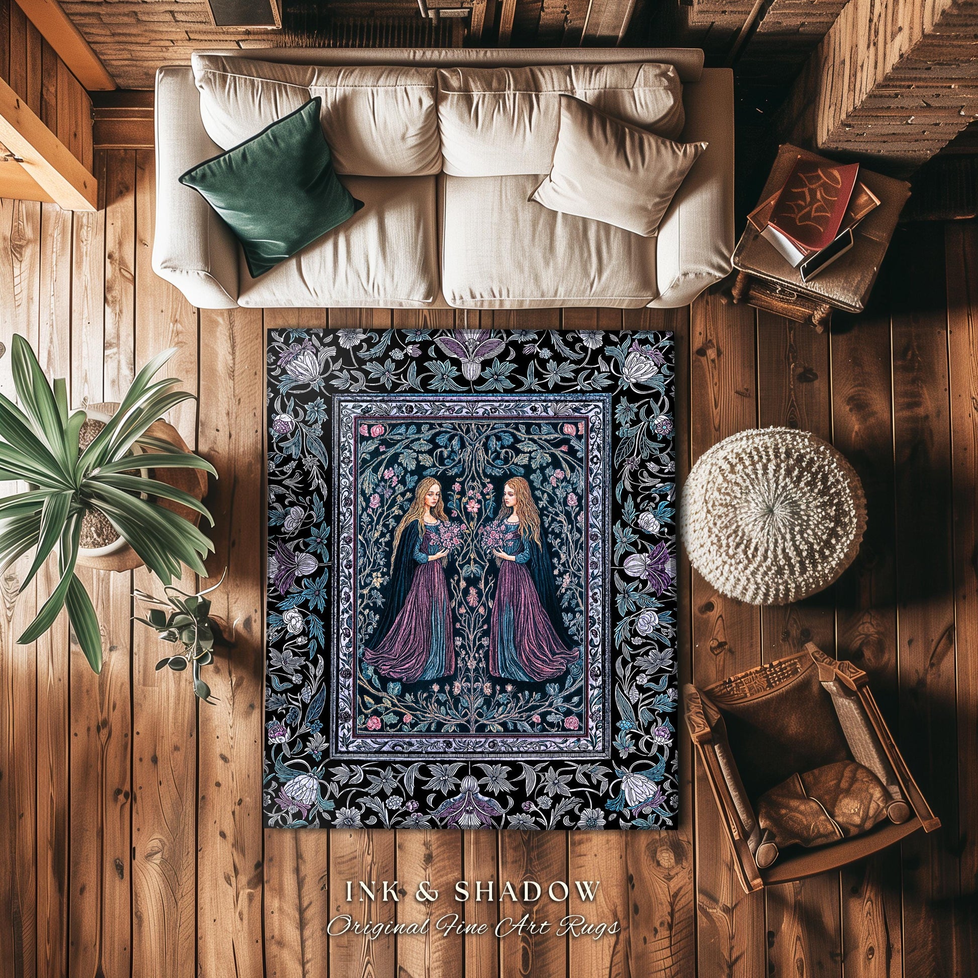 Witchy Sisters Arcane Forest Area Rug | Celestial Witchcraft Baroque Folklore Bedroom Accent Fairytale Gothic Storybook Aesthetic Moody Goth