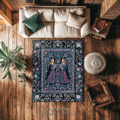 Witchy Sisters Arcane Forest Area Rug | Celestial Witchcraft Baroque Folklore Bedroom Accent Fairytale Gothic Storybook Aesthetic Moody Goth