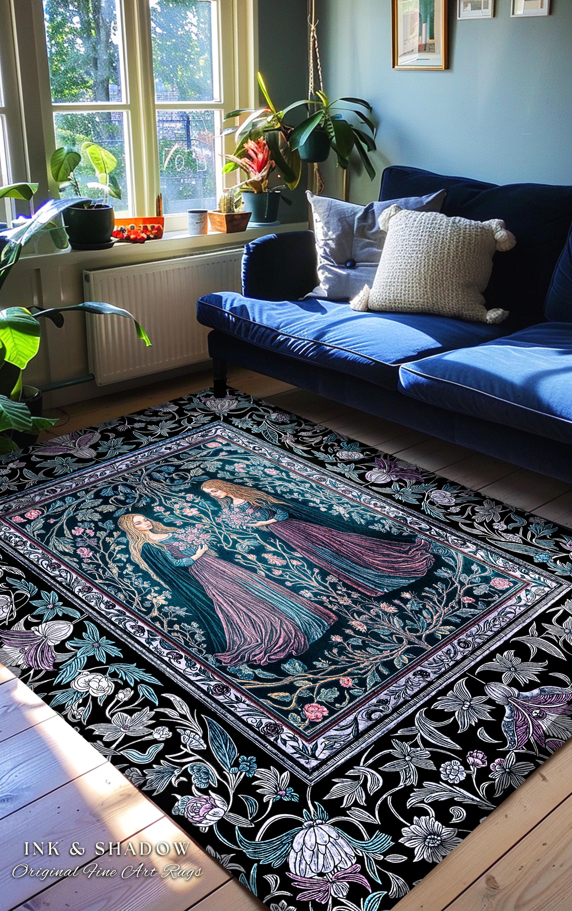 Witchy Sisters Arcane Forest Area Rug | Celestial Witchcraft Baroque Folklore Bedroom Accent Fairytale Gothic Storybook Aesthetic Moody Goth