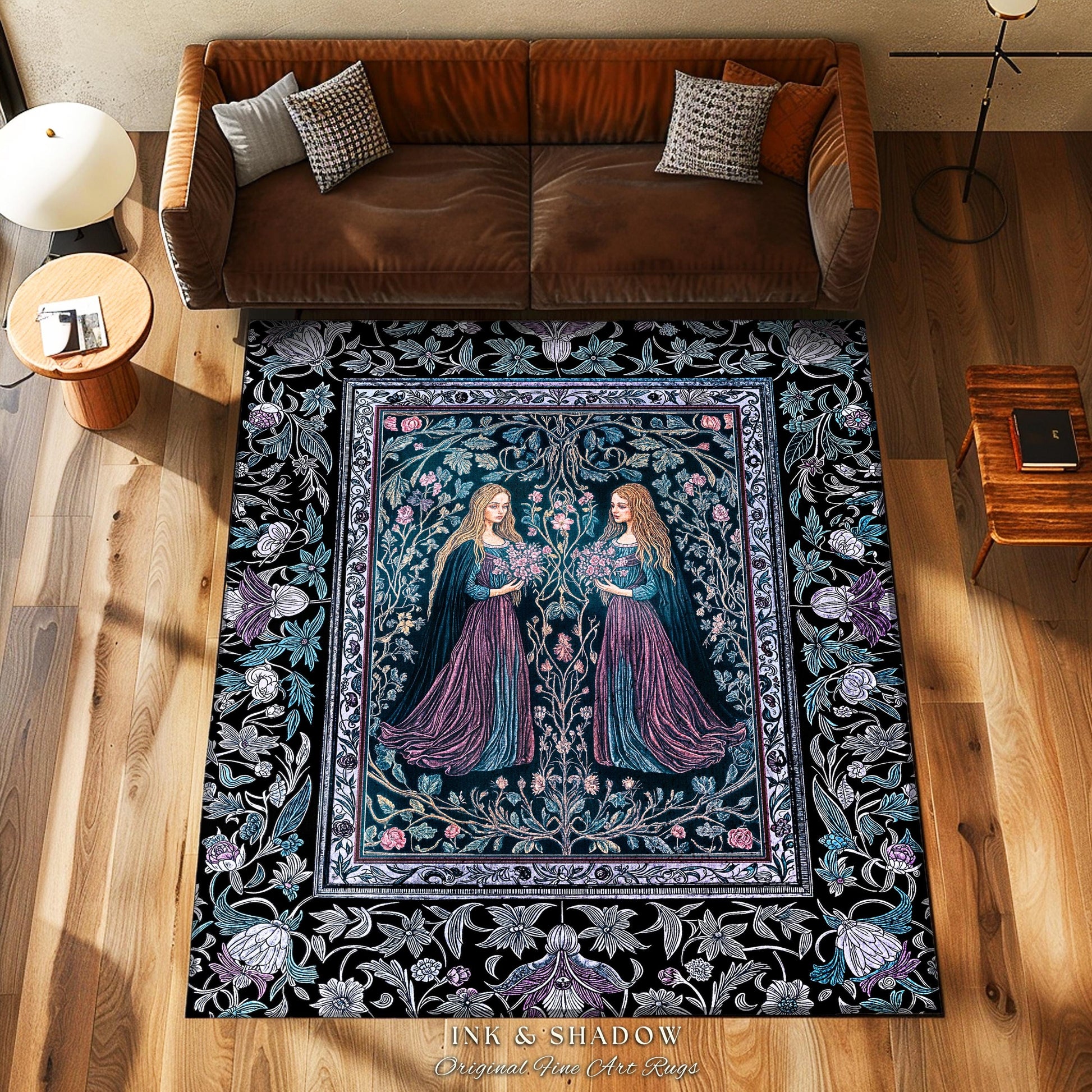Witchy Sisters Arcane Forest Area Rug | Celestial Witchcraft Baroque Folklore Bedroom Accent Fairytale Gothic Storybook Aesthetic Moody Goth