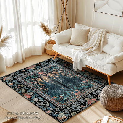 Elegant Medieval Storybook Area Rug | Ornate Botanical Enchantment Dark Gothic Romance Folk Art Renaissance Magic Aesthetic Bedroom Witchy |