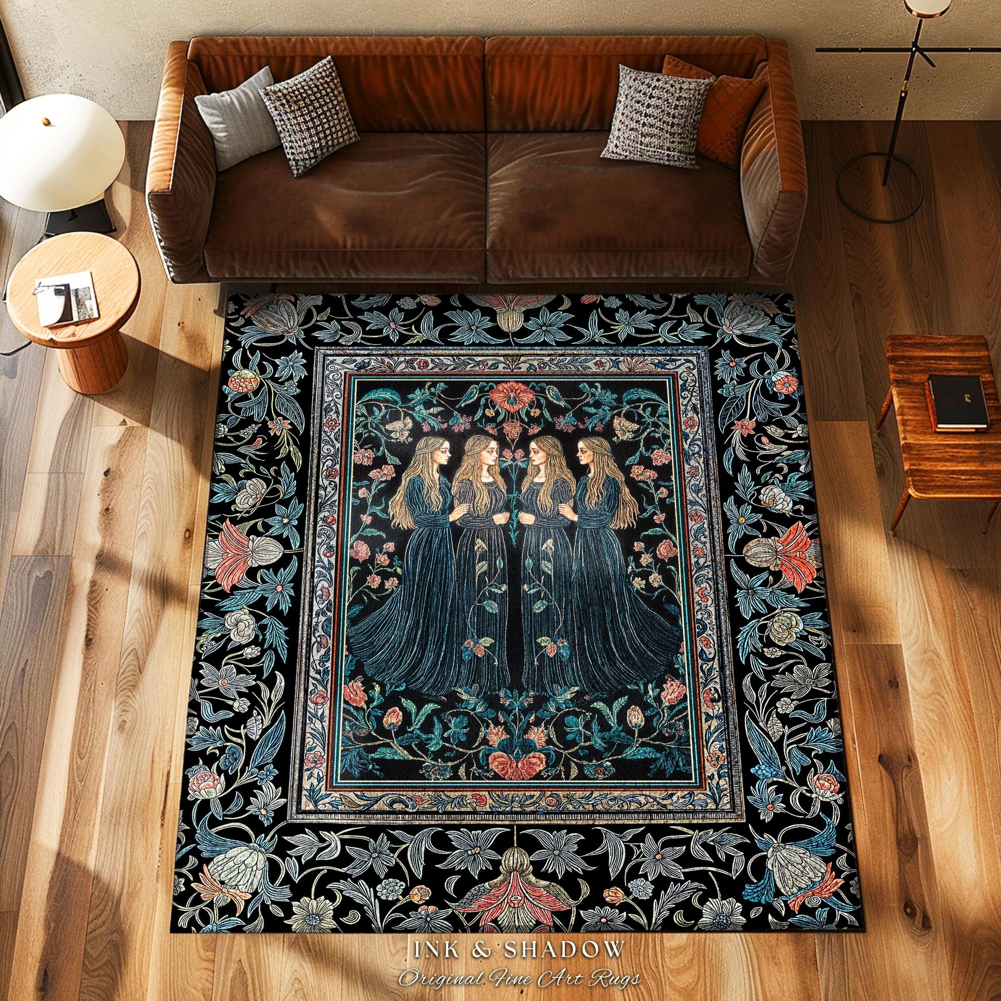Elegant Medieval Storybook Area Rug | Ornate Botanical Enchantment Dark Gothic Romance Folk Art Renaissance Magic Aesthetic Bedroom Witchy |