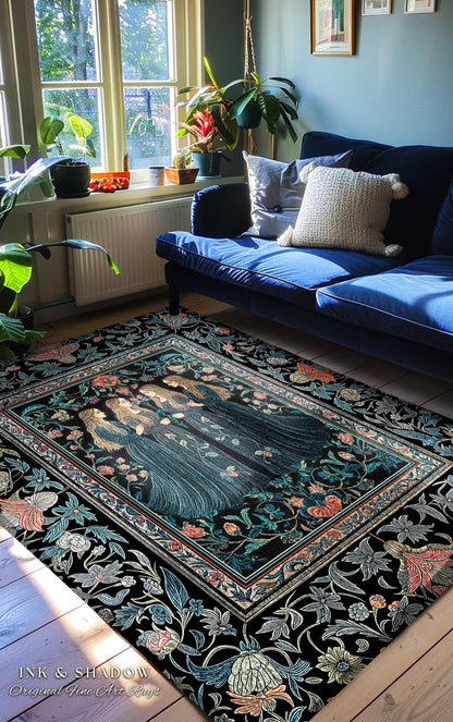 Elegant Medieval Storybook Area Rug | Ornate Botanical Enchantment Dark Gothic Romance Folk Art Renaissance Magic Aesthetic Bedroom Witchy |