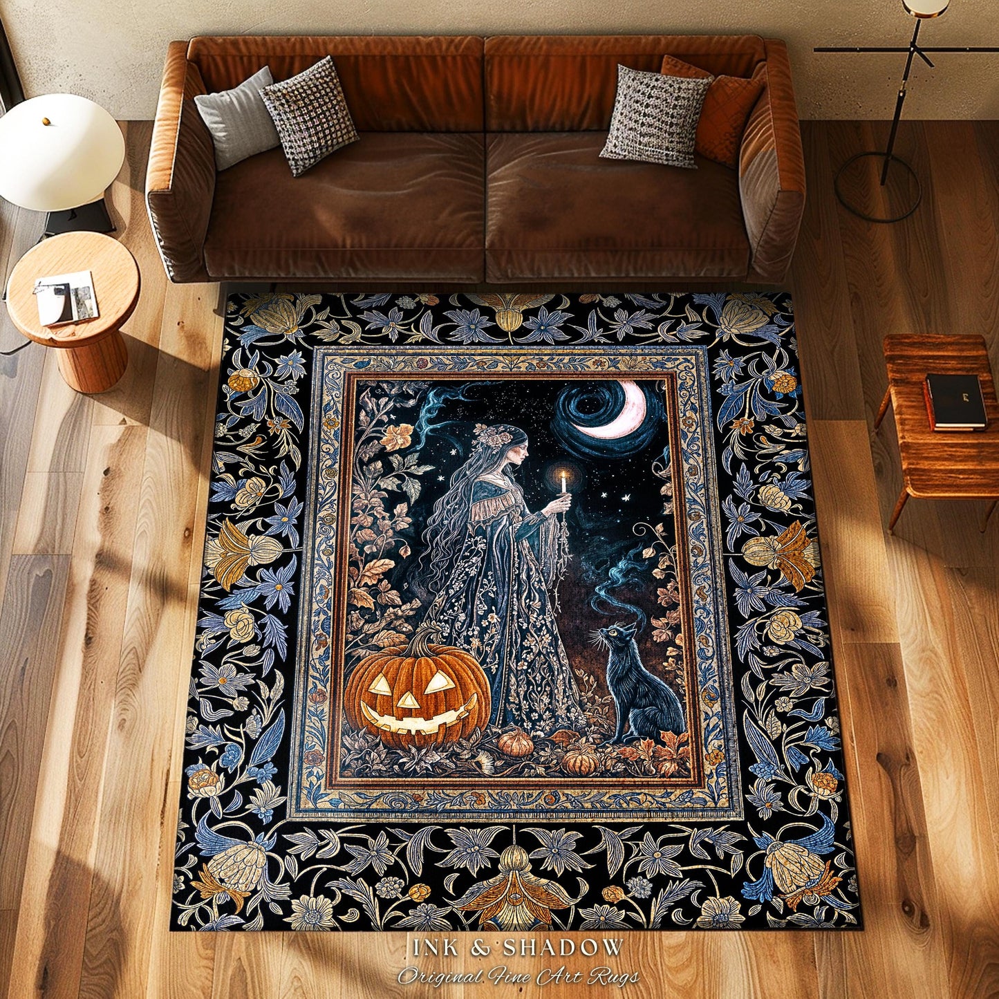 Moonlit Jack-o-lantern Witch Accent Rug | Enchanted Forest Baroque Maiden Pastel Folklore Black Cat Celestial Aesthetic Halloween Bedroom |
