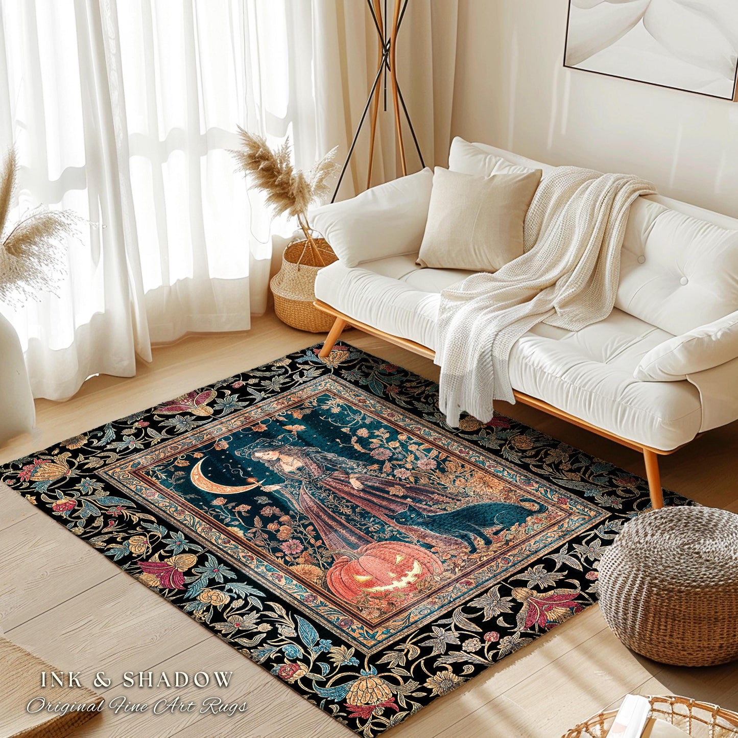 Black Cat Witch Spooky Season Area Rug | Celestial Sorceress Ethereal Halloween Aesthetic Accent Jack-o-lantern Wiccan Enchantment Gothic |