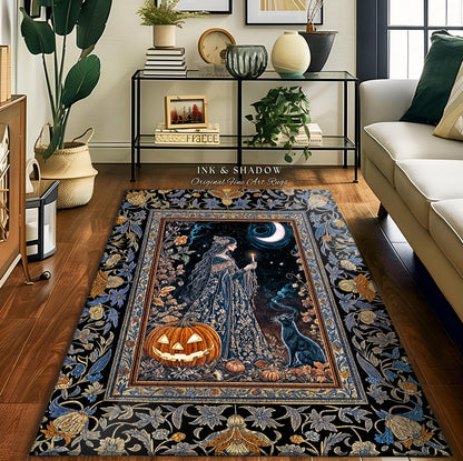 Moonlit Jack-o-lantern Witch Accent Rug | Enchanted Forest Baroque Maiden Pastel Folklore Black Cat Celestial Aesthetic Halloween Bedroom |
