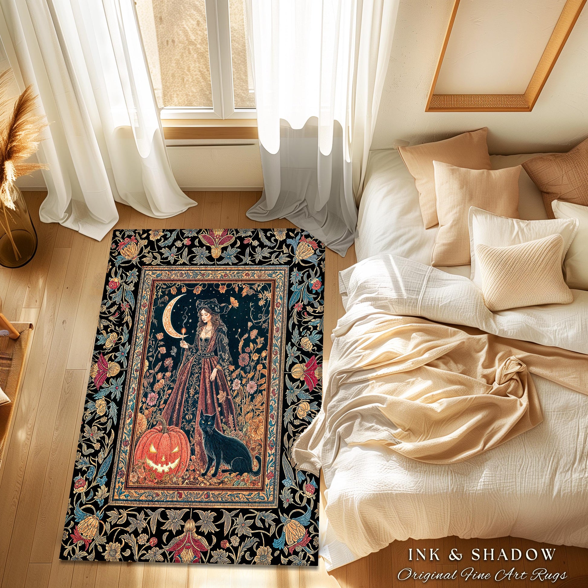 Black Cat Witch Spooky Season Area Rug | Celestial Sorceress Ethereal Halloween Aesthetic Accent Jack-o-lantern Wiccan Enchantment Gothic |
