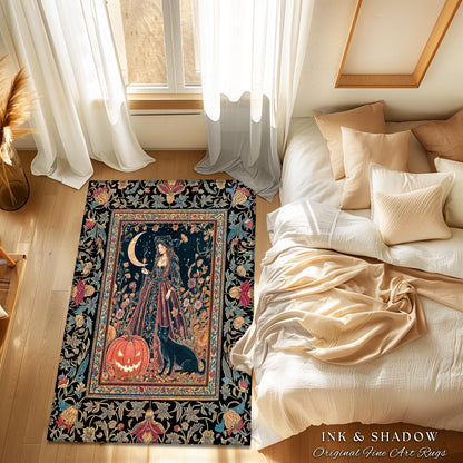 Black Cat Witch Spooky Season Area Rug | Celestial Sorceress Ethereal Halloween Aesthetic Accent Jack-o-lantern Wiccan Enchantment Gothic |