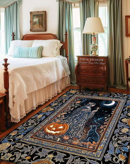 Moonlit Jack-o-lantern Witch Accent Rug | Enchanted Forest Baroque Maiden Pastel Folklore Black Cat Celestial Aesthetic Halloween Bedroom |