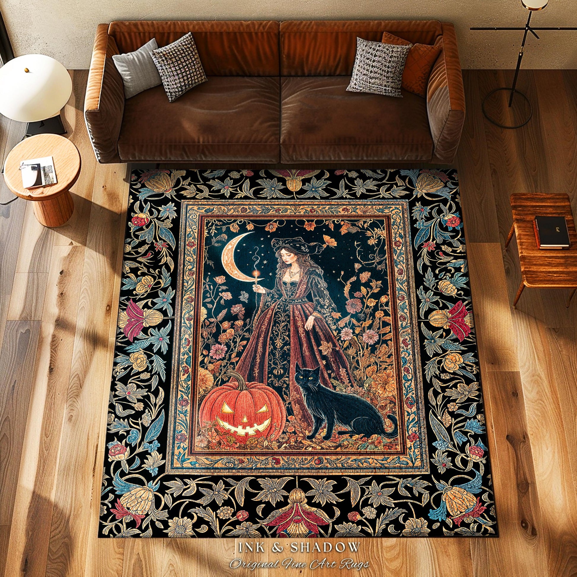 Black Cat Witch Spooky Season Area Rug | Celestial Sorceress Ethereal Halloween Aesthetic Accent Jack-o-lantern Wiccan Enchantment Gothic |