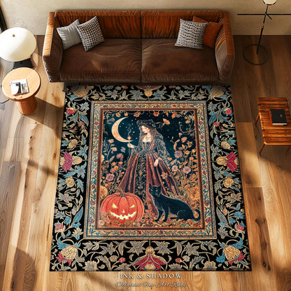 Black Cat Witch Spooky Season Area Rug | Celestial Sorceress Ethereal Halloween Aesthetic Accent Jack-o-lantern Wiccan Enchantment Gothic |