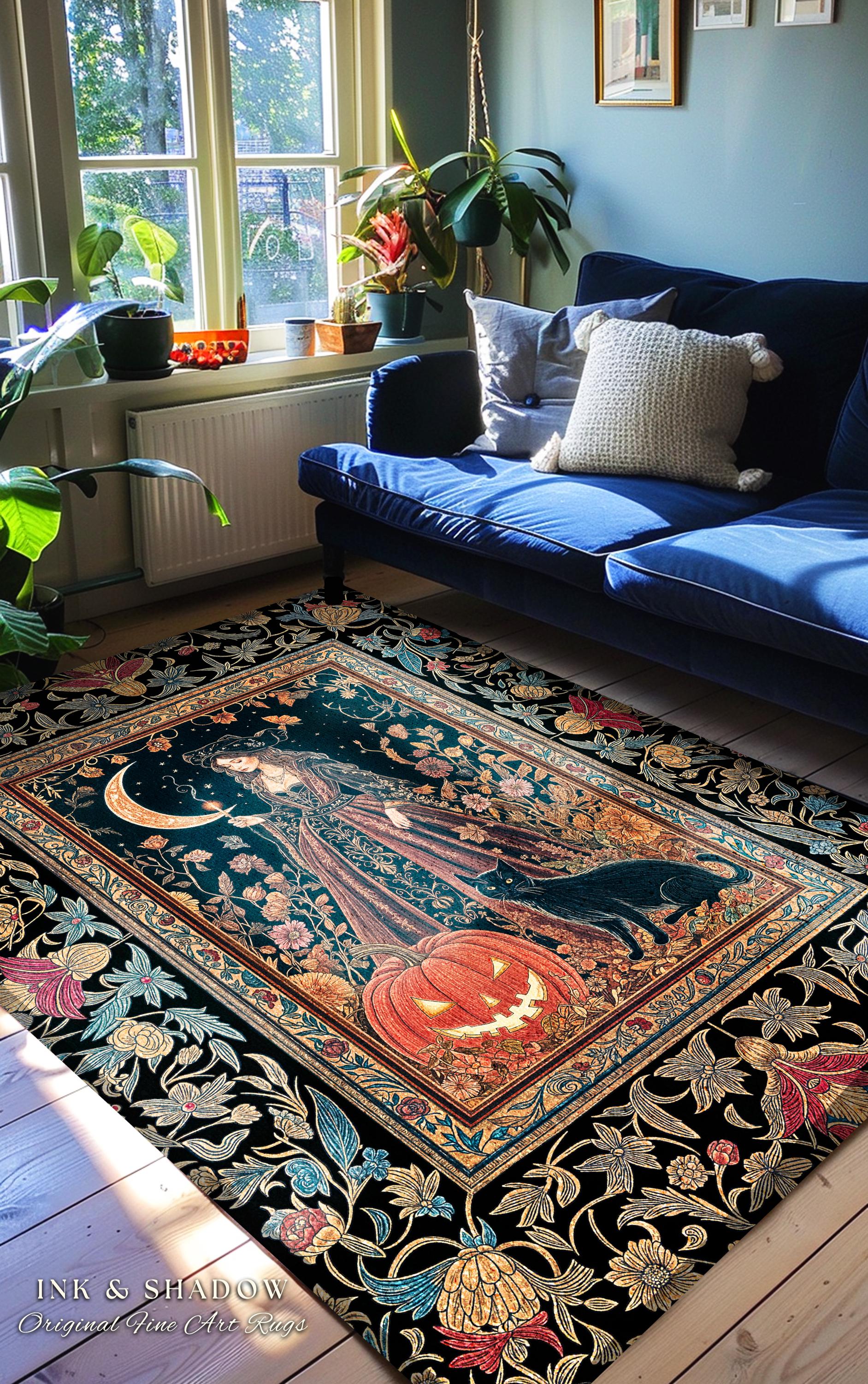 Black Cat Witch Spooky Season Area Rug | Celestial Sorceress Ethereal Halloween Aesthetic Accent Jack-o-lantern Wiccan Enchantment Gothic |