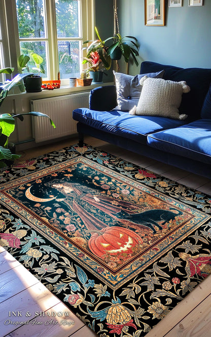 Black Cat Witch Spooky Season Area Rug | Celestial Sorceress Ethereal Halloween Aesthetic Accent Jack-o-lantern Wiccan Enchantment Gothic |